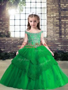 Green Ball Gowns Off The Shoulder Sleeveless Tulle Floor Length Lace Up Beading and Lace and Appliques Girls Pageant Dresses