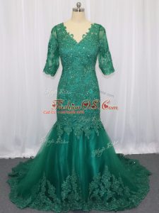 Exquisite Green Mermaid Lace and Appliques Prom Dress Lace Up Tulle Half Sleeves