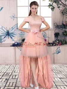 Pink Lace Up Prom Dresses Lace and Hand Made Flower Short Sleeves High Low