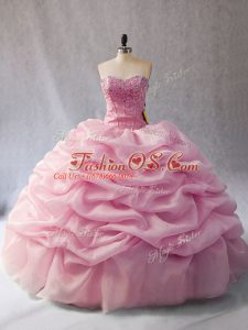 Beading and Pick Ups Sweet 16 Quinceanera Dress Pink Lace Up Sleeveless Floor Length
