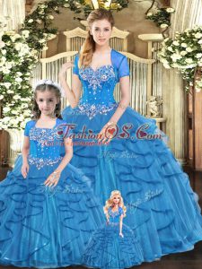 Blue Ball Gowns Tulle Sweetheart Sleeveless Beading and Ruffles Floor Length Lace Up Quinceanera Dresses