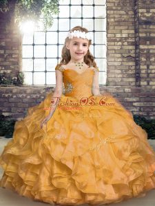 Exquisite Floor Length Lace Up Pageant Dress for Womens Gold for Party and Wedding Party with Beading and Ruffles