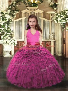 Custom Design Hot Pink Little Girls Pageant Dress Wholesale Party and Sweet 16 and Wedding Party with Ruffles Halter Top Sleeveless Lace Up