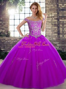 Flare Purple Ball Gowns Off The Shoulder Sleeveless Tulle Floor Length Lace Up Beading Quinceanera Dress