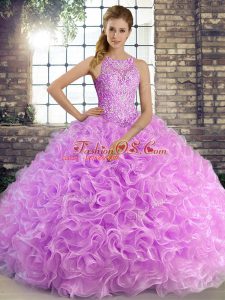 Nice Lilac Ball Gowns Beading Sweet 16 Dresses Lace Up Fabric With Rolling Flowers Sleeveless Floor Length