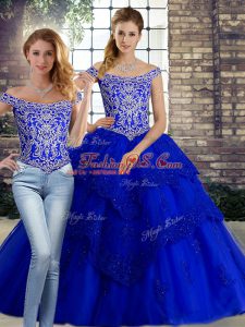 Hot Selling Royal Blue Sleeveless Brush Train Beading and Lace Quinceanera Dress