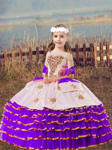 Lavender Organza Lace Up Pageant Dress for Womens Sleeveless Floor Length Beading and Embroidery and Ruffled Layers