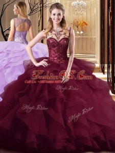 Noble Burgundy Sleeveless Tulle Brush Train Lace Up 15th Birthday Dress for Military Ball and Sweet 16 and Quinceanera