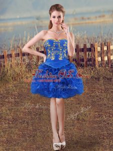 Royal Blue Ball Gowns Organza Sweetheart Sleeveless Embroidery and Ruffles Mini Length Lace Up Dress for Prom