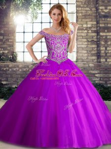 Deluxe Ball Gowns Sleeveless Purple Vestidos de Quinceanera Brush Train Lace Up