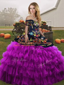 Black And Purple Ball Gowns Organza Off The Shoulder Sleeveless Embroidery and Ruffled Layers Floor Length Lace Up Quince Ball Gowns