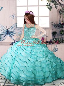 Aqua Blue Sleeveless Beading and Ruffled Layers Floor Length Little Girls Pageant Dress