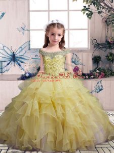 Yellow Organza Lace Up Little Girl Pageant Dress Sleeveless Floor Length Beading and Ruffles
