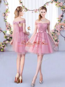 Affordable Pink Bridesmaid Dresses Wedding Party with Belt Off The Shoulder Sleeveless Lace Up