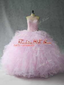 Pink Sleeveless Floor Length Beading and Ruffles Lace Up Vestidos de Quinceanera