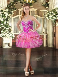Modern Mini Length Ball Gowns Sleeveless Hot Pink Prom Gown Lace Up