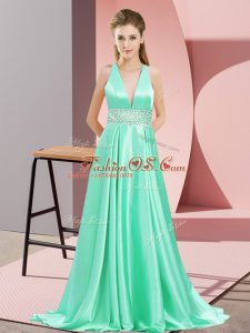 Discount Apple Green Prom Gown Prom and Party with Beading V-neck Sleeveless Brush Train Backless