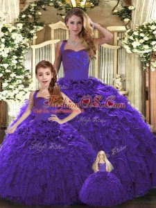 Suitable Purple 15th Birthday Dress Military Ball and Sweet 16 and Quinceanera with Ruffles Halter Top Sleeveless Lace Up