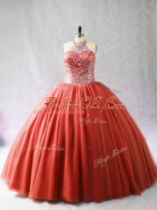 Noble Red Lace Up Halter Top Beading Quinceanera Dresses Tulle Sleeveless Brush Train