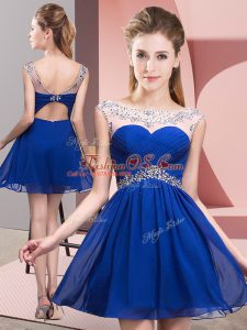 Royal Blue Backless Scoop Beading and Ruching Prom Evening Gown Taffeta Sleeveless