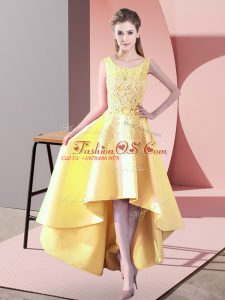 Modest A-line Dama Dress Yellow Scoop Satin Sleeveless High Low Zipper