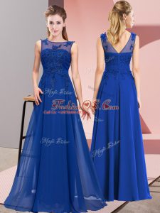Royal Blue Chiffon Zipper Scoop Sleeveless Floor Length Vestidos de Damas Beading and Appliques