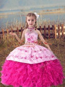 Perfect Hot Pink Lace Up Halter Top Beading and Embroidery and Ruffles Little Girl Pageant Dress Organza Sleeveless