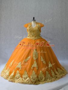 Lace Up Quinceanera Gown Gold for Sweet 16 and Quinceanera with Appliques Court Train