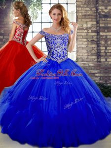 Gorgeous Floor Length Royal Blue Sweet 16 Dress Off The Shoulder Sleeveless Lace Up
