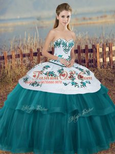 Colorful Sleeveless Floor Length Embroidery and Bowknot Lace Up 15th Birthday Dress with Teal