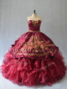 Burgundy Strapless Lace Up Beading and Embroidery Quinceanera Gowns Brush Train Sleeveless