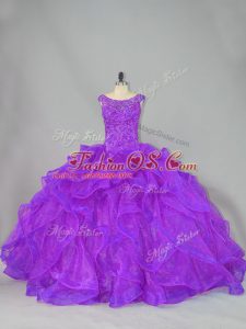 Organza Scoop Sleeveless Brush Train Lace Up Beading and Ruffles Sweet 16 Dresses in Purple