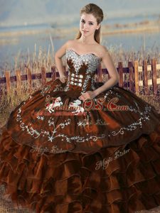 Sweetheart Sleeveless Lace Up Sweet 16 Dress Brown Satin and Organza