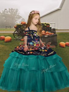 Sleeveless Lace Up Floor Length Embroidery and Ruffled Layers Little Girl Pageant Dress