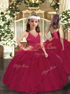 Sweet Burgundy Zipper Kids Pageant Dress Ruffles and Ruching Sleeveless Floor Length