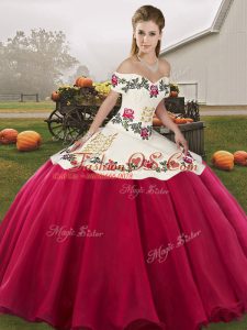 Hot Pink Ball Gowns Embroidery Quinceanera Dresses Lace Up Organza Sleeveless Floor Length