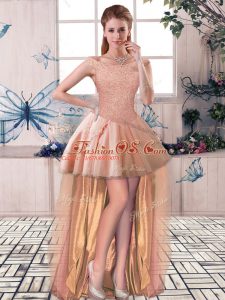 Captivating Tulle Off The Shoulder Sleeveless Lace Up Beading Teens Party Dress in Peach