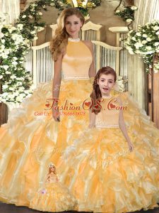 Gold Ball Gowns Beading and Ruffles Quince Ball Gowns Backless Organza Sleeveless Floor Length