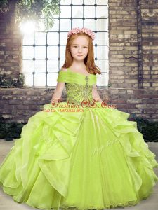 Yellow Green Ball Gowns Organza Straps Sleeveless Beading and Ruffles Floor Length Lace Up Pageant Dress Wholesale