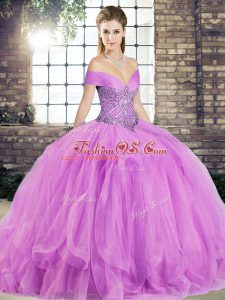 High Quality Floor Length Lilac 15th Birthday Dress Tulle Sleeveless Beading and Ruffles
