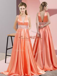 Orange Red Sleeveless Elastic Woven Satin Brush Train Backless Prom Dress for Prom and Party