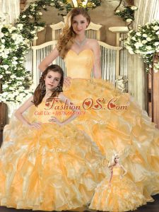 Customized Sleeveless Organza Floor Length Lace Up Ball Gown Prom Dress in Gold with Beading and Ruffles