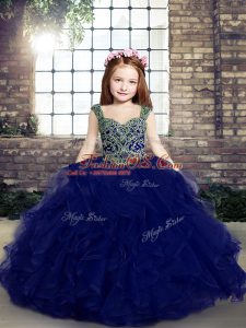 New Arrival Sleeveless Floor Length Beading and Ruffles Lace Up Kids Formal Wear with Blue