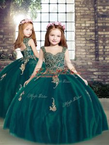 Peacock Green Ball Gowns Straps Sleeveless Tulle Floor Length Lace Up Appliques Little Girl Pageant Gowns