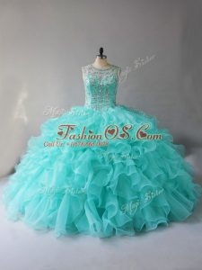 Elegant Aqua Blue Quince Ball Gowns Sweet 16 and Quinceanera with Beading and Ruffles Scoop Sleeveless Lace Up