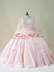 Deluxe Long Sleeves Satin and Tulle Floor Length Lace Up Quinceanera Dress in Baby Pink with Beading and Appliques