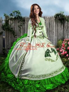 High End Sleeveless Floor Length Embroidery and Ruffles Lace Up 15th Birthday Dress with Green
