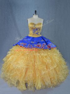 Custom Fit Sweetheart Sleeveless Organza Quinceanera Dress Embroidery and Ruffles Brush Train Lace Up