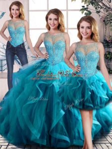 Lovely Floor Length Lace Up Sweet 16 Quinceanera Dress Aqua Blue for Sweet 16 and Quinceanera with Beading and Ruffles
