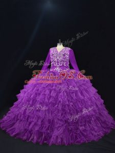 Purple V-neck Lace Up Beading and Ruffled Layers Sweet 16 Dresses Long Sleeves